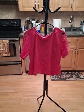 Old Navy Bright Pink Crochet-Shoulder Long Sleeve Tee
